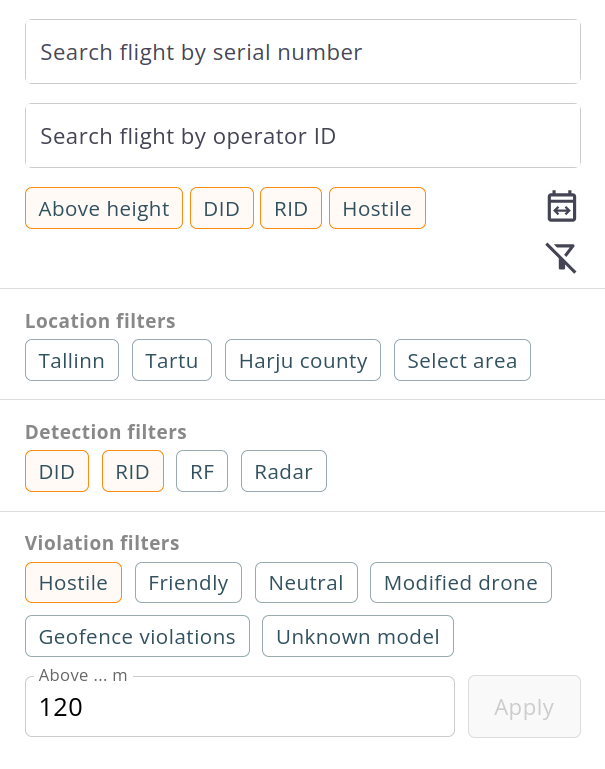 History filters panel